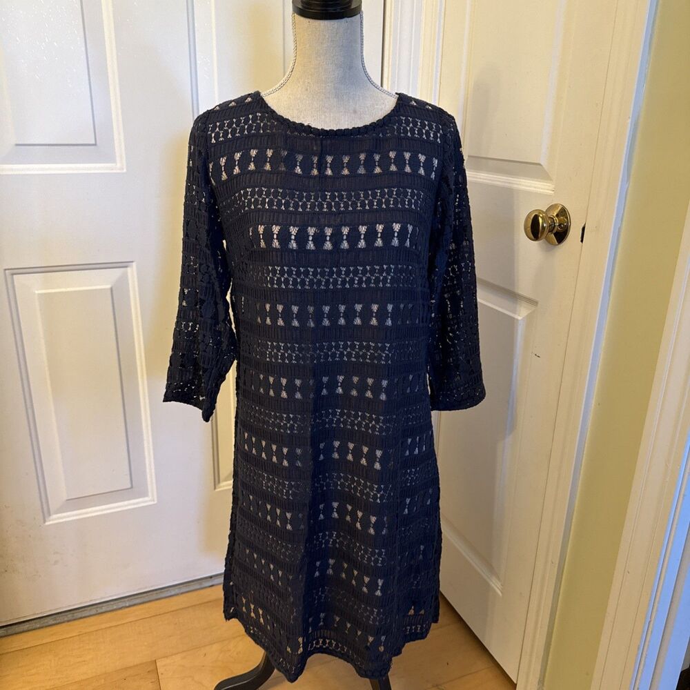 SWEET SHIFT Sharagano Navy Blue long sleeved knee length shift Dress Size 10